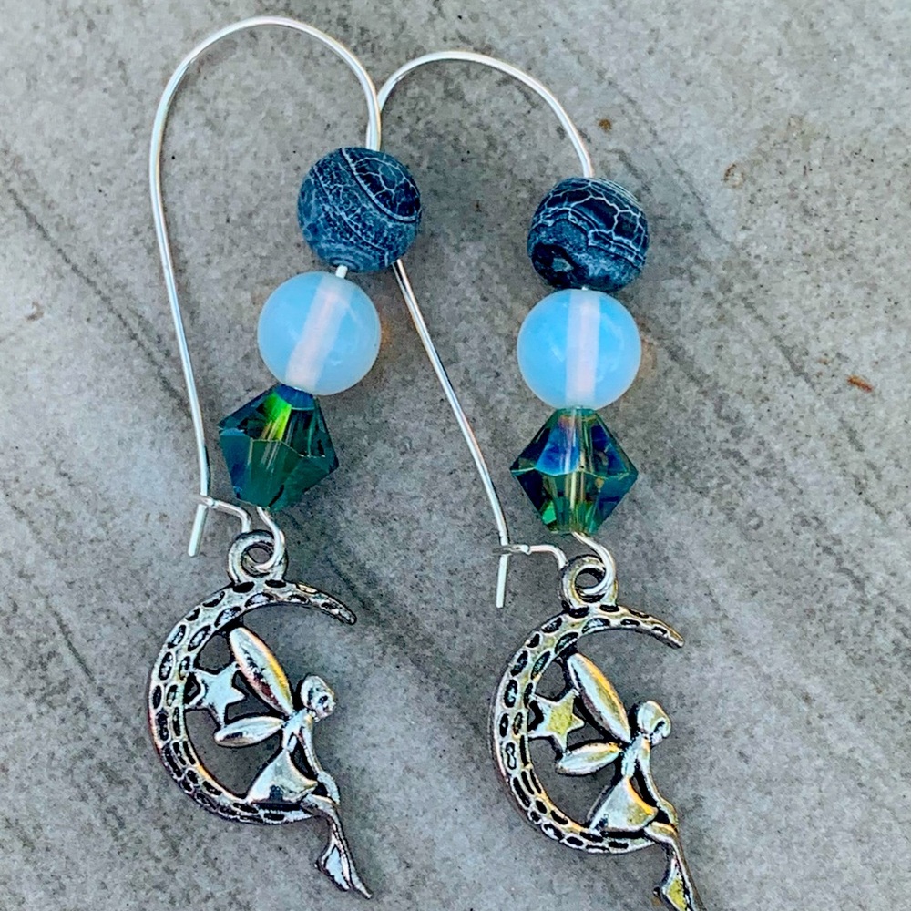 Fairy, lotus, feather and hearts earrings.